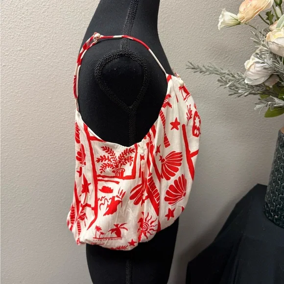 NWT Peach Red Cream Shell Print Crop Tank Top Button Detail Resort Summer M - Picture 4 of 8